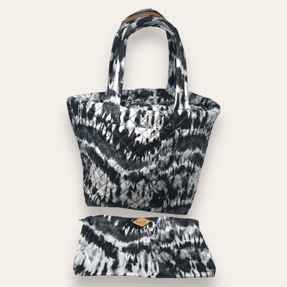 MZ Wallace Handbags - MZ Wallace Metro Tote in Wave Tie Dye Black Gray White Zipper Quilted Bag